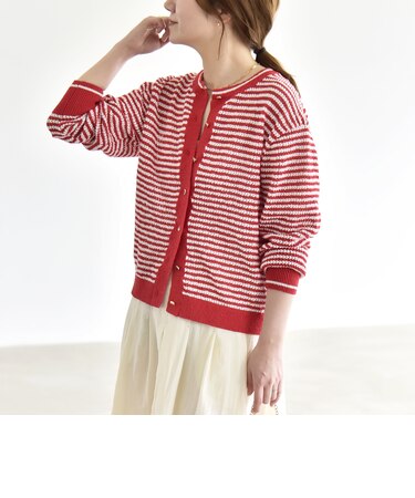 《予約》quaranciel: ボーダー クルーネック メタルボタン ニット カーディガン