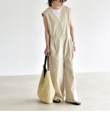 quaranciel:〈洗濯機可能〉Vネック ワイド オールインワン