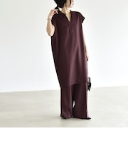 《予約》quaranciel:〈洗濯機可能〉スキッパー ワンピース＆イージー ワイドパンツ セットアップ