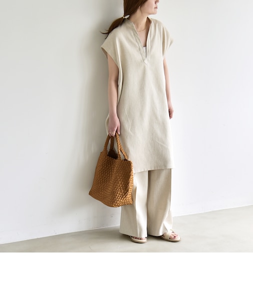 《予約》quaranciel:〈洗濯機可能〉スキッパー ワンピース＆イージー ワイドパンツ セットアップ