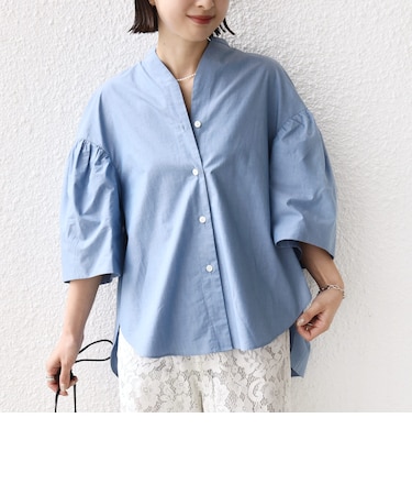 《予約》〈手洗い可能〉バック フレア 袖 ギャザー スキッパー ブラウス