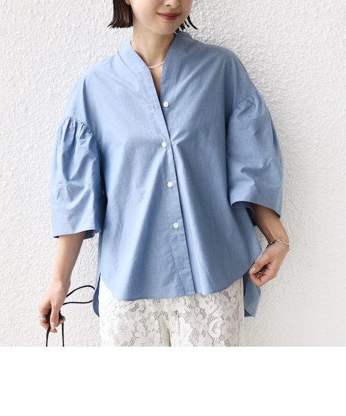 《予約》〈手洗い可能〉バック フレア 袖 ギャザー スキッパー ブラウス