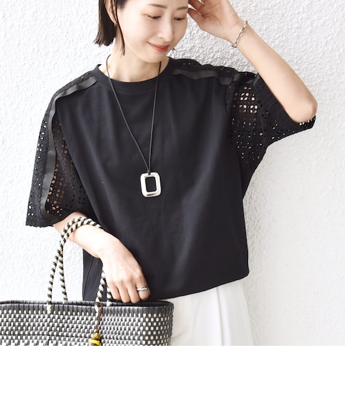 《予約》【WEB限定】〈手洗い可能〉レース コンビ ショート スリーブ カットソー