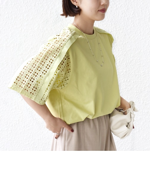 《予約》【WEB限定】〈手洗い可能〉レース コンビ ショート スリーブ カットソー