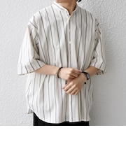 SHIPS any:〈洗濯機可能〉コットン/リネン ストライプ バンド スキッパー ハーフスリーブ シャツ 26SS◆