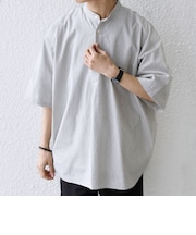 SHIPS any:〈洗濯機可能〉コットン/リネン ストライプ バンド スキッパー ハーフスリーブ シャツ 26SS◆