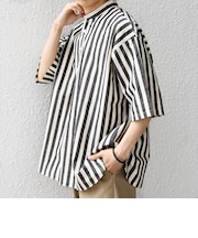 SHIPS any:〈洗濯機可能〉コットン/リネン ストライプ バンド スキッパー ハーフスリーブ シャツ 26SS◆