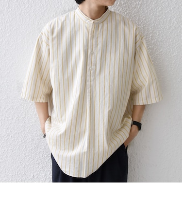 SHIPS any:〈洗濯機可能〉コットン/リネン ストライプ バンド スキッパー ハーフスリーブ シャツ 26SS◆