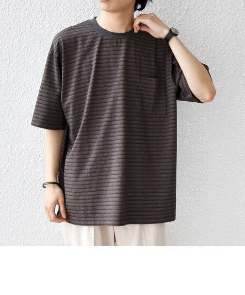 SHIPS any:〈接触冷感〉マルチ ボーダー ポケット Tシャツ◆