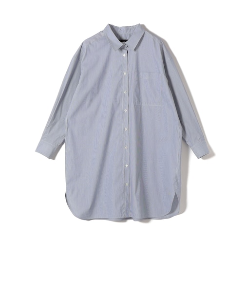 SHIPS Primary Navy Label:綿 ナイロン ストライプ ロング シャツ