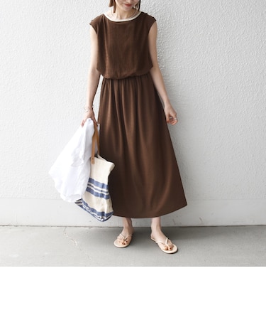 《予約》SHIPS any:〈洗濯機可能〉ブラウジング バイカラー フレンチスリーブ ワンピース