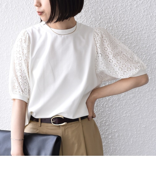 SHIPS Colors:〈手洗い可能〉ミニ裏毛 レース スリーブ トップス◇