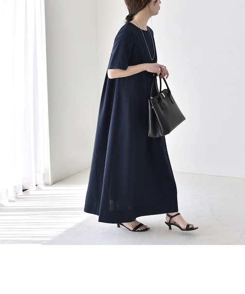 《予約》quaranciel:〈洗濯機可能〉リネンライク Aライン クルーネック ロング ワンピース