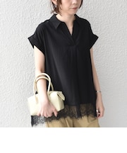 《予約》SHIPS Colors:〈手洗い可能〉ヘム レース スキッパー ブラウス◆