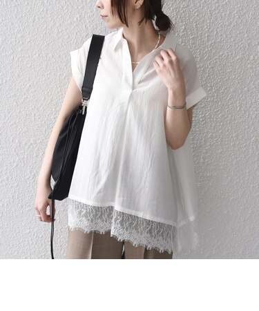 《予約》SHIPS Colors:〈手洗い可能〉ヘム レース スキッパー ブラウス◆