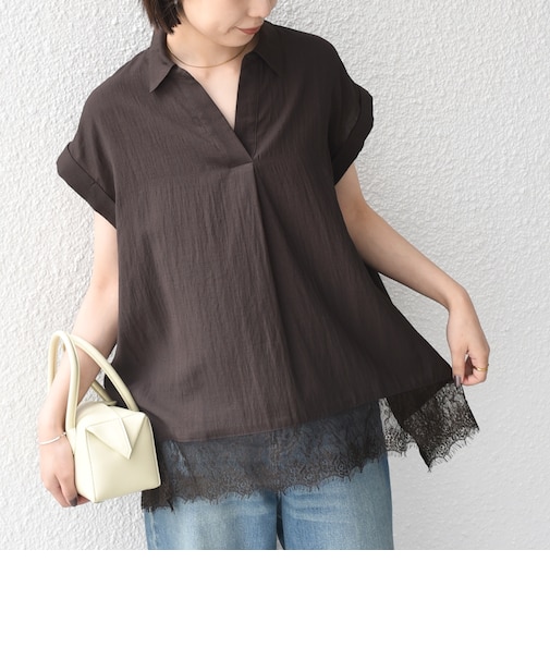 《予約》SHIPS Colors:〈手洗い可能〉ヘム レース スキッパー ブラウス◆