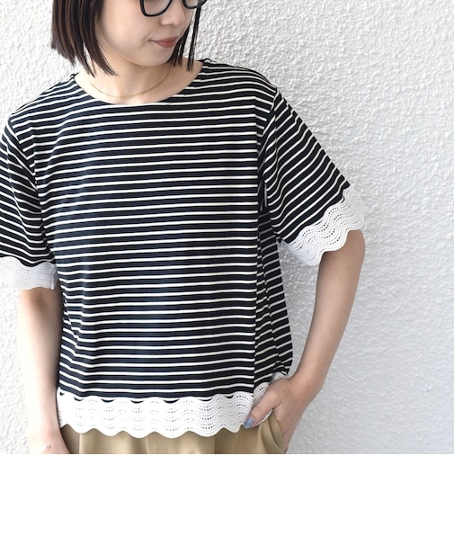 《予約》SHIPS Colors:〈洗濯機可能〉リンク レース コンビ TEE◆