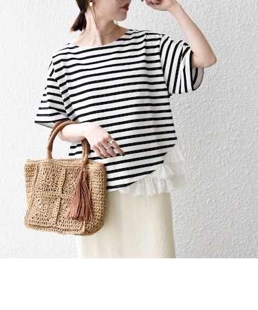 《予約》SHIPS any:〈洗濯機可能〉レース ヘム アシンメトリー ショートスリーブ TEE
