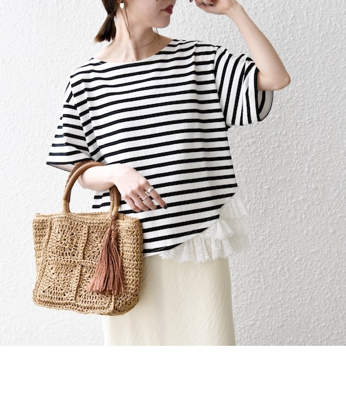 《予約》SHIPS any:〈洗濯機可能〉レース ヘム アシンメトリー ショートスリーブ TEE