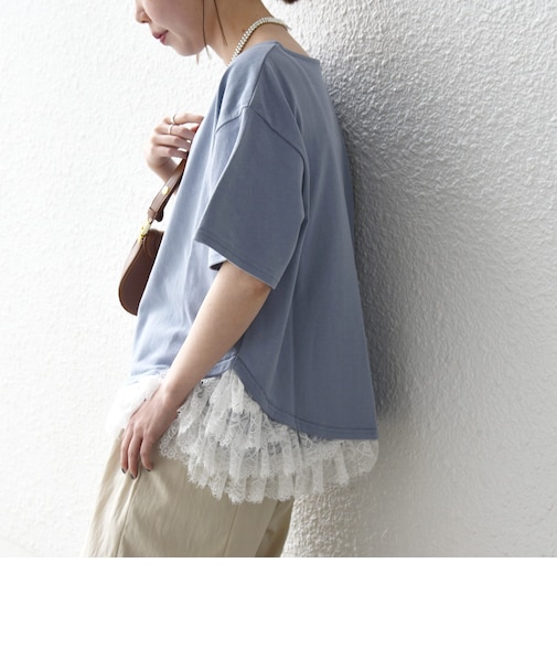 《予約》SHIPS any:〈洗濯機可能〉レース ヘム アシンメトリー ショートスリーブ TEE