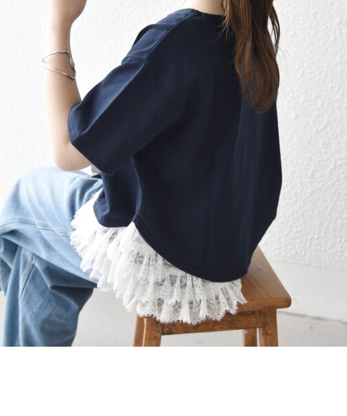 《予約》SHIPS any:〈洗濯機可能〉レース ヘム アシンメトリー ショートスリーブ TEE