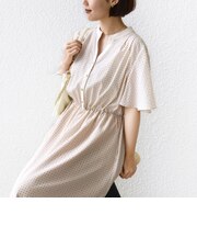 〈手洗い可能〉プリント キーネック フレア スリーブ 半袖 ワンピース