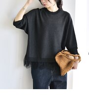 quaranciel:〈手洗い可能〉レースヘム ドルマン シアー ニット プルオーバー
