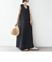 《予約》【WEB限定】〈手洗い可能〉レーヨン 麻 ステッチ デザイン Vネック ワンピース