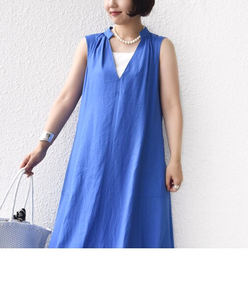 《予約》【WEB限定】〈手洗い可能〉レーヨン 麻 ステッチ デザイン Vネック ワンピース