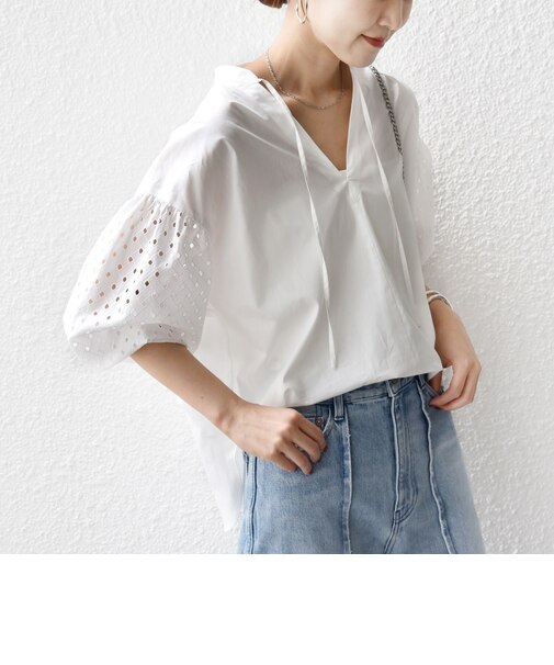 《予約》〈手洗い可能〉カットワーク レース スリーブ ブラウス