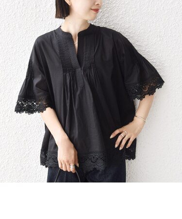 《予約》〈手洗い可能〉トリム レース ピンタック スキッパー ブラウス
