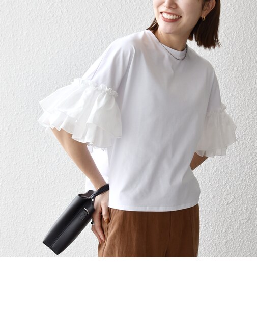 SHIPS any:〈洗濯機可能〉フリル スリーブ クルーネック コンパクト TEE