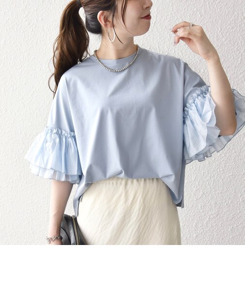 SHIPS any:〈洗濯機可能〉フリル スリーブ クルーネック コンパクト TEE