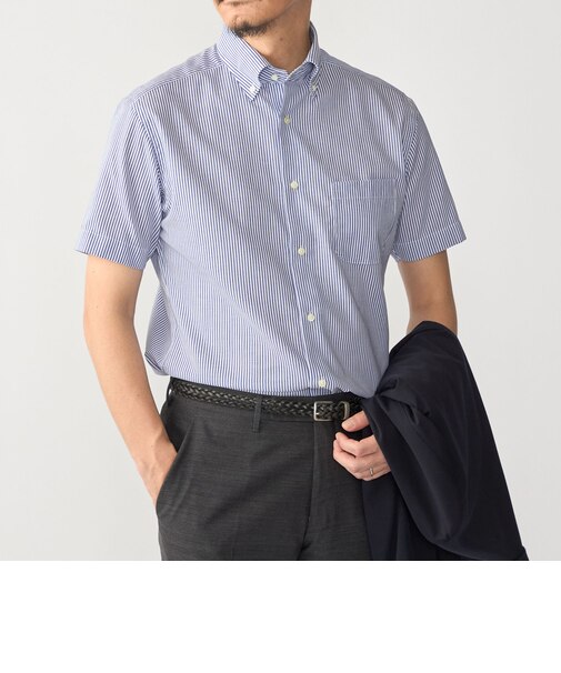 SHIPS:〈接触冷感〉ICE COTTON パナマ ストライプ ボタンダウン 半袖 シャツ
