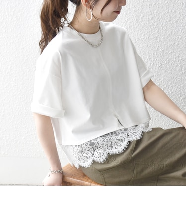 《予約》SHIPS any:〈洗濯機可能〉ジップ レース ヘム ハーフスリーブ TEE
