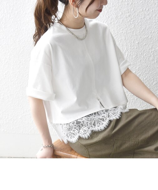 《予約》SHIPS any:〈洗濯機可能〉ジップ レース ヘム ハーフスリーブ TEE