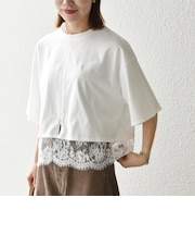 《一部予約》SHIPS any:〈洗濯機可能〉ジップ レース ヘム ハーフスリーブ TEE
