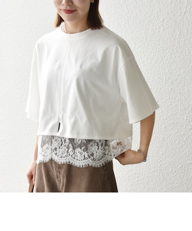 《一部予約》SHIPS any:〈洗濯機可能〉ジップ レース ヘム ハーフスリーブ TEE