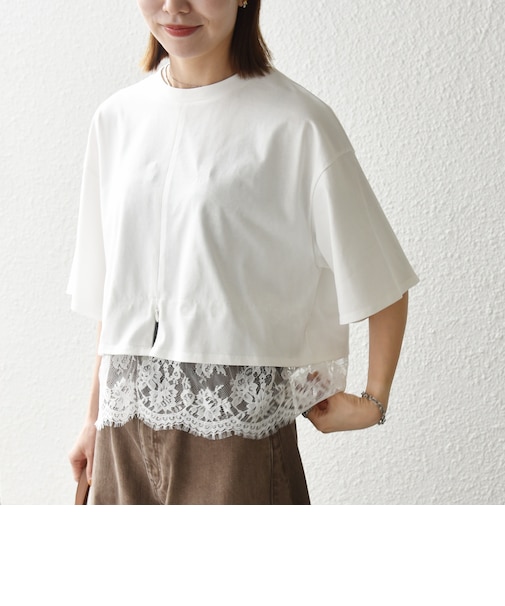 《一部予約》SHIPS any:〈洗濯機可能〉ジップ レース ヘム ハーフスリーブ TEE