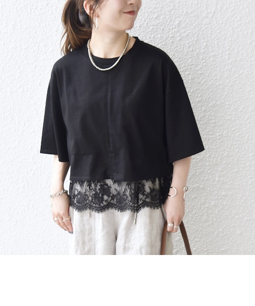 《一部予約》SHIPS any:〈洗濯機可能〉ジップ レース ヘム ハーフスリーブ TEE