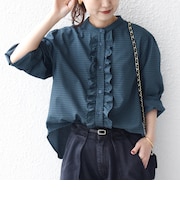 《予約》【WEB限定】〈手洗い可能〉チェック フリル ロングスリーブ シャツ（グリーン）