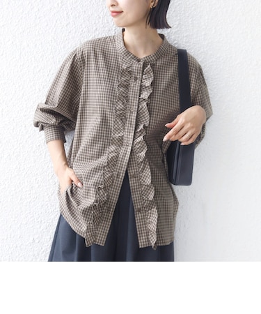 《予約》【WEB限定】〈手洗い可能〉チェック フリル ロングスリーブ シャツ(ベージュ)