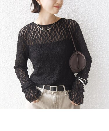 《予約》〈手洗い可能〉シュリンク レース ヘンリーネック 2WAY プルオーバー