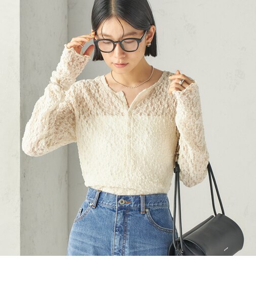 《予約》〈手洗い可能〉シュリンク レース ヘンリーネック 2WAY プルオーバー