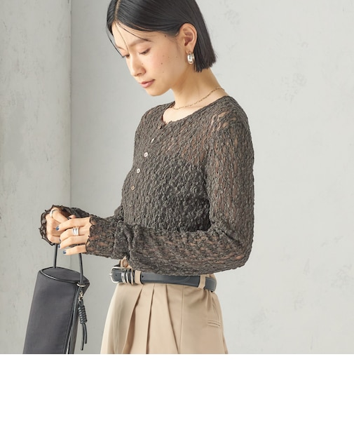 《予約》〈手洗い可能〉シュリンク レース ヘンリーネック 2WAY プルオーバー