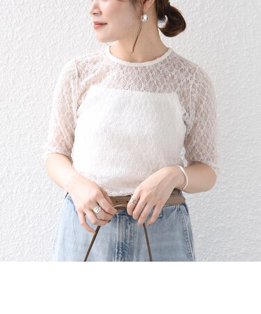〈手洗い可能〉ストレッチ フラワー レース TEE