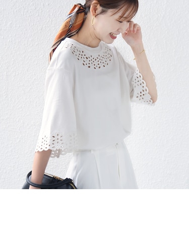 フラワー モチーフ カットワーク レース ショート スリーブ TEE