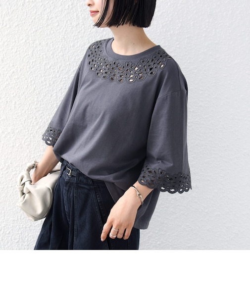 フラワー モチーフ カットワーク レース ショート スリーブ TEE