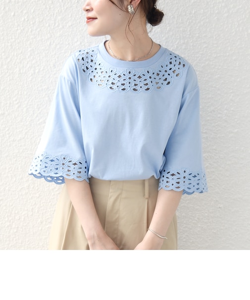 《予約》フラワー モチーフ カットワーク レース ショート スリーブ TEE
