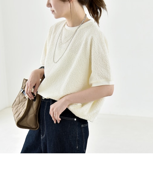 《予約》quaranciel:〈洗濯機可能〉カットジャカード ルーズ フレンチスリーブ プルオーバー